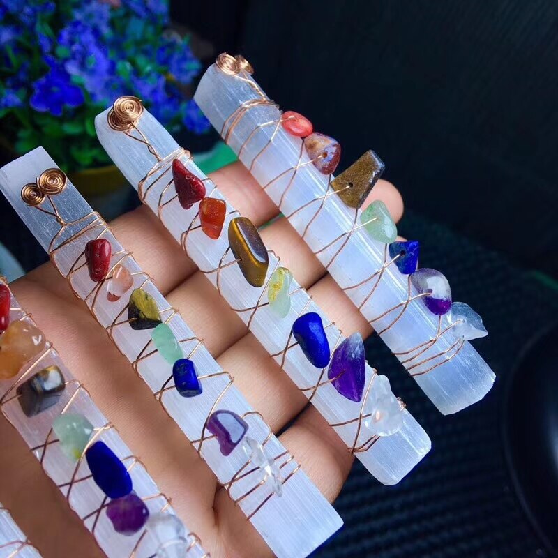Chakra Healing Crystals Stones Beads Wire Wrapped Raw Selenite Stick