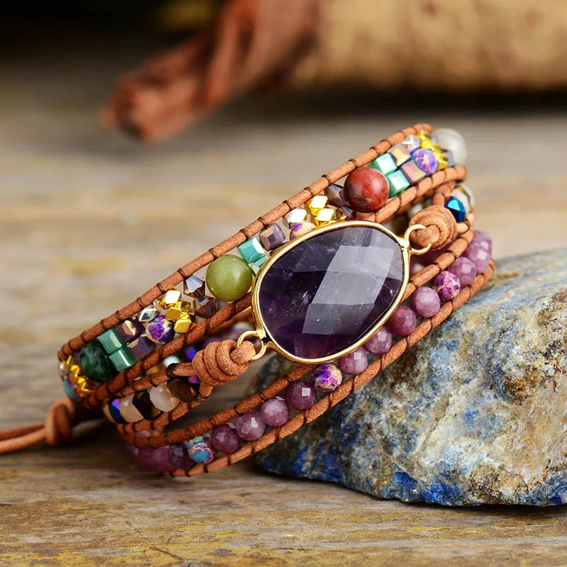 Leather Wrap Bracelet with Amethyst Crystals