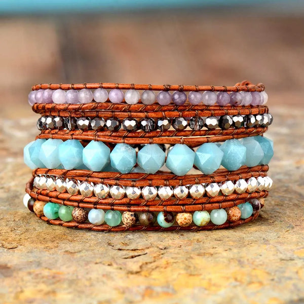 5 Strand Gemstone Leather Wrap Bracelet 