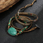 5-Wrap Green Stone Leather Bracelet