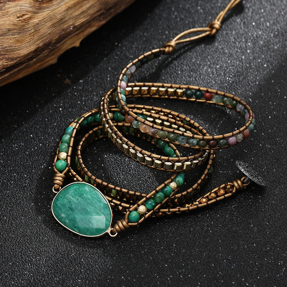 5-Wrap Green Stone Leather Bracelet