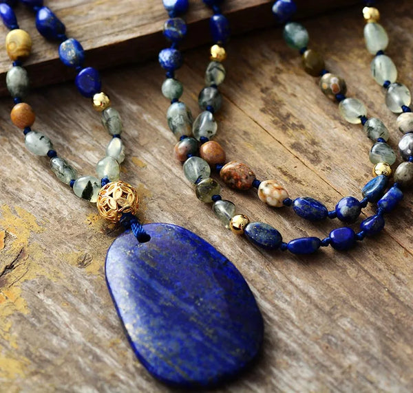 Bohemian Lariat Necklace - Semiprecious Lapis Pendant