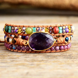 Leather Wrap Bracelet with Amethyst Crystals