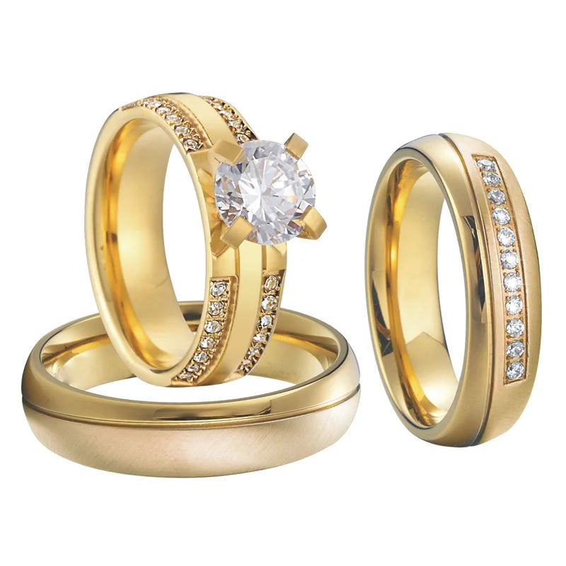 Exotic Golden Wedding & Engagement Rings Set