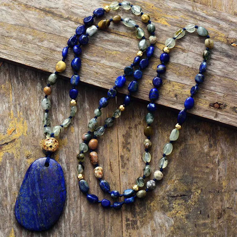 Bohemian Lariat Necklace - Semiprecious Lapis Pendant