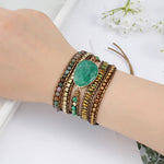 5-Wrap Green Stone Leather Bracelet