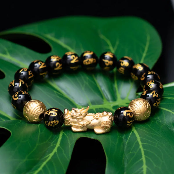 Gold Pixiu Bracelet – Chinese Lucky Stone Beads with 6 Words Charm