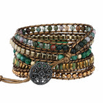 5-Wrap Green Stone Leather Bracelet