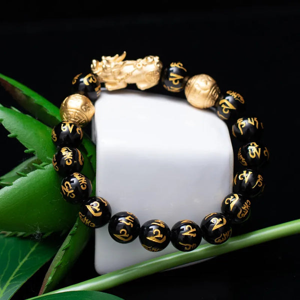 Gold Pixiu Bracelet – Chinese Lucky Stone Beads with 6 Words Charm