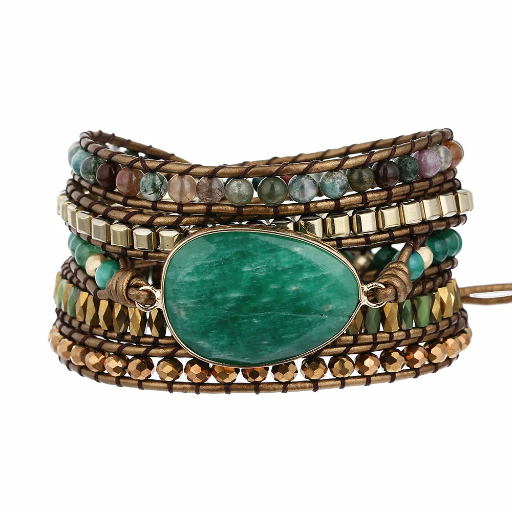 5-Wrap Green Stone Leather Bracelet
