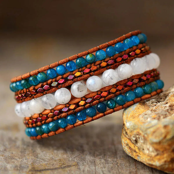 Luxury Leather Wrap Bracelet with Natural Moonstone