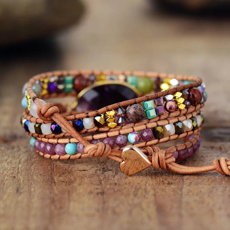 Leather Wrap Bracelet with Amethyst Crystals