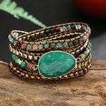 5-Wrap Green Stone Leather Bracelet