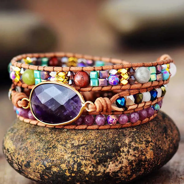 Leather Wrap Bracelet with Amethyst Crystals – Bohemian