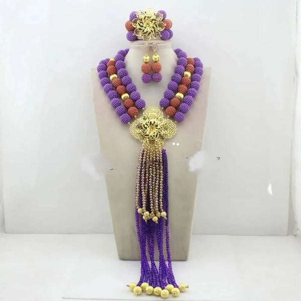 Elegant African Bead Wedding Jewelry Set - Purple