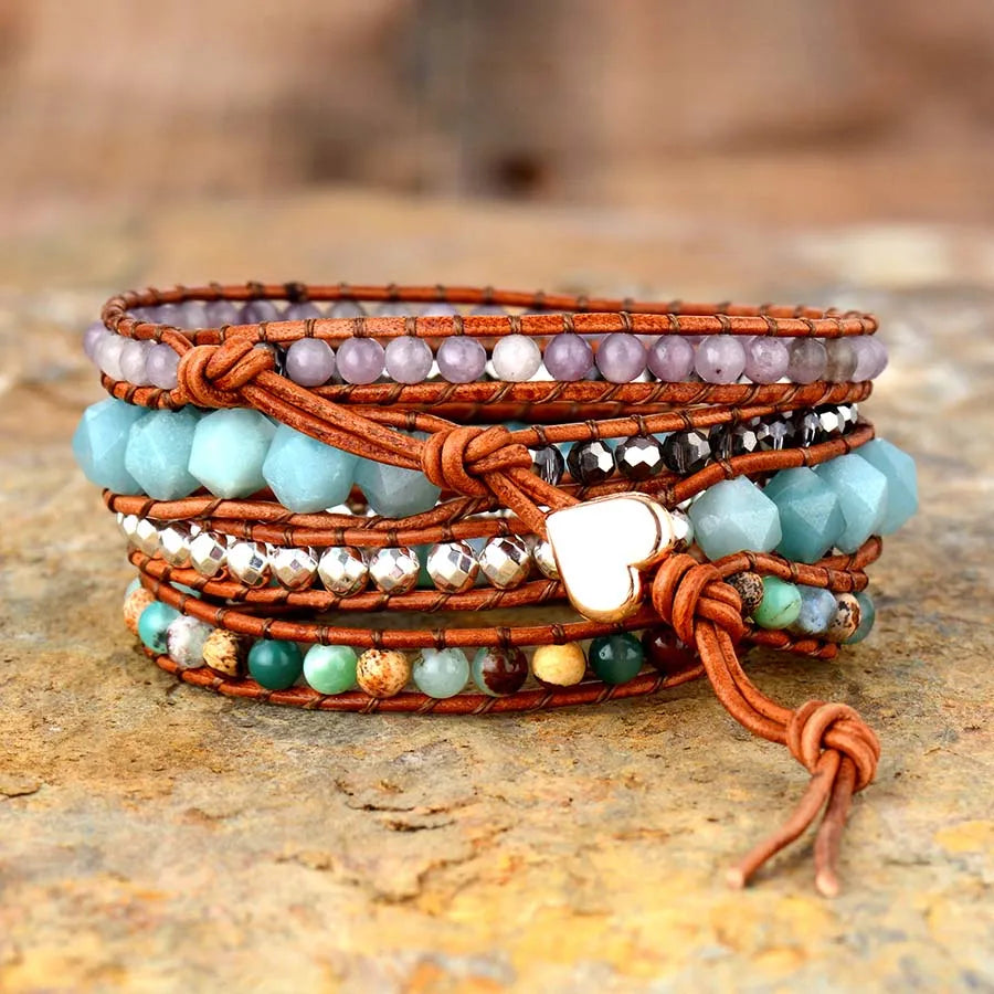 5 Strand Gemstone Leather Wrap Bracelet 