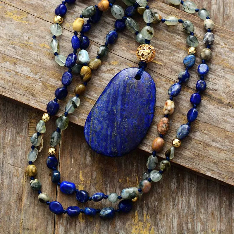 Bohemian Lariat Necklace - Semiprecious Lapis Pendant