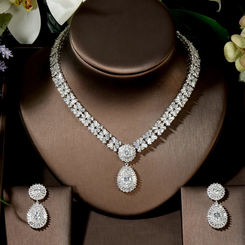 Dubai White Gold Plated Cubic Zirconia Necklace Earring Set