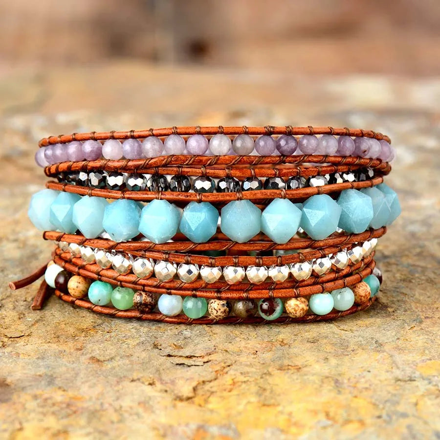 5 Strand Gemstone Leather Wrap Bracelet 