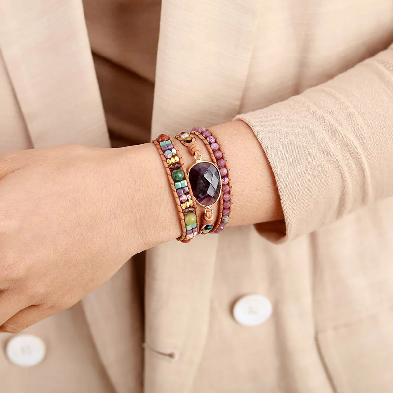 Leather Wrap Bracelet with Amethyst Crystals