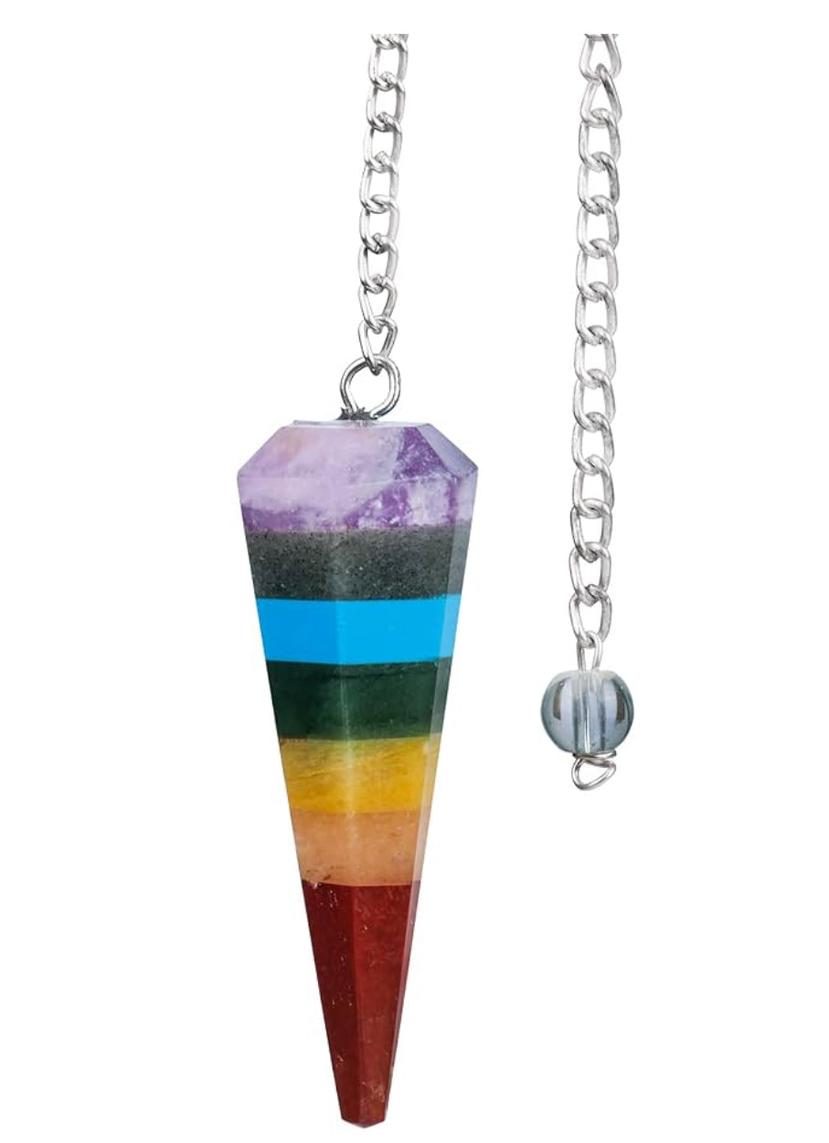 Colorful crystal pendulum with a chain on a white background