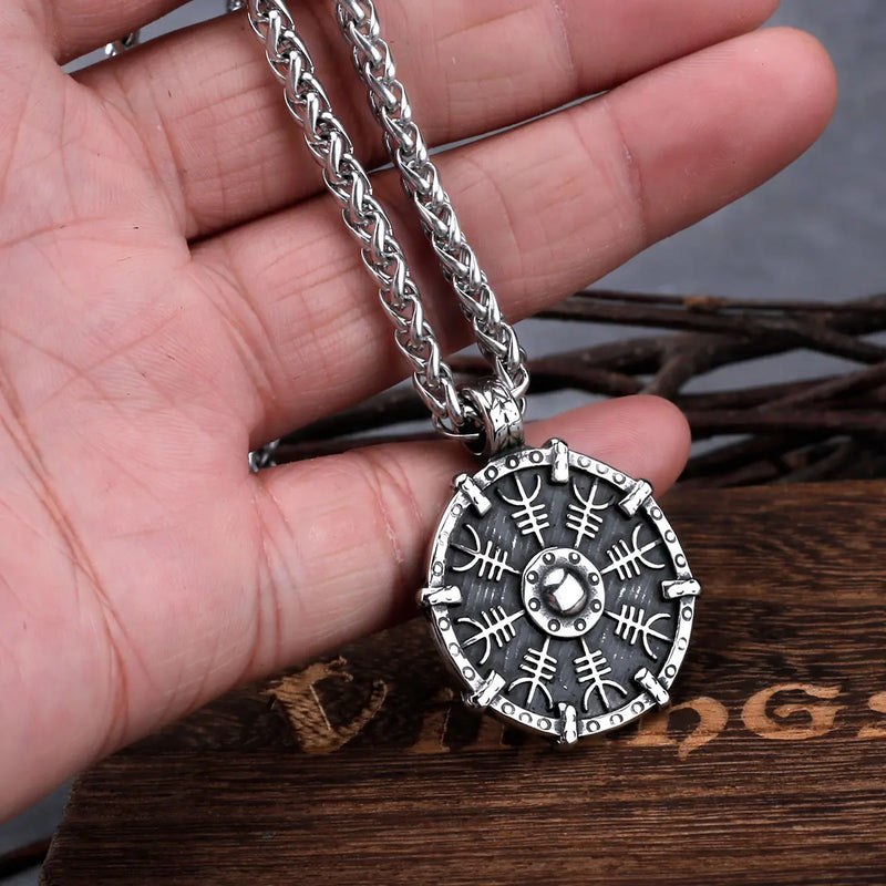 Vintage Stainless Steel Viking Rune Compass Necklace