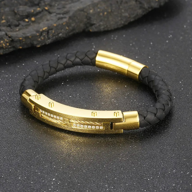 Stainless Steel Gold-Plated Leather Bracelet 