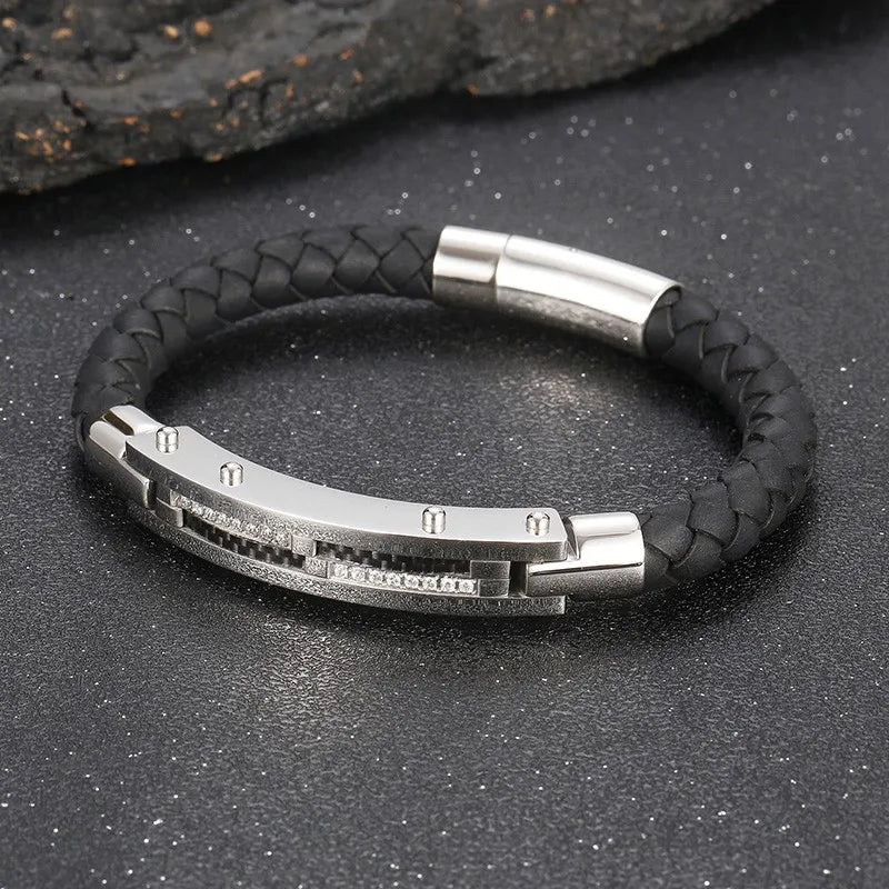 Stainless Steel Gold-Plated Leather Bracelet 