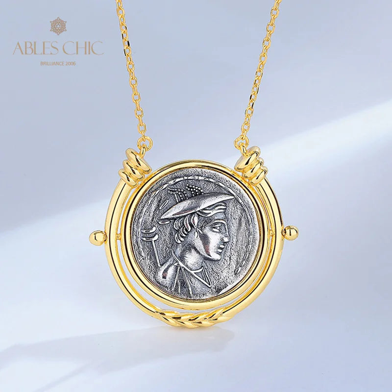 Greek Deity Silver Coin Pendant - 18K Gold 925 Silver Rotating