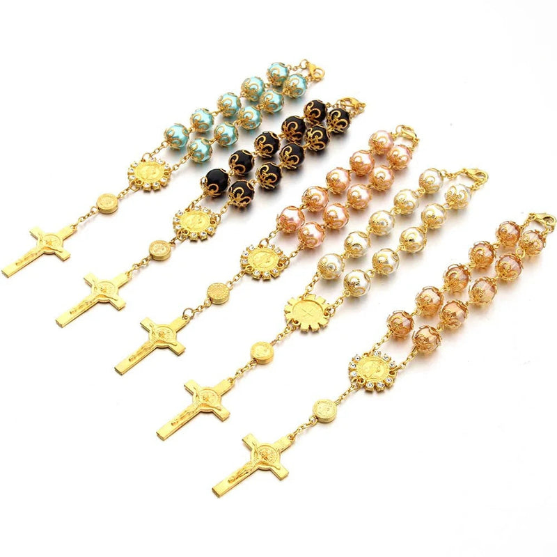 Golden Rosary Bead Bracelet with Cross Pendant