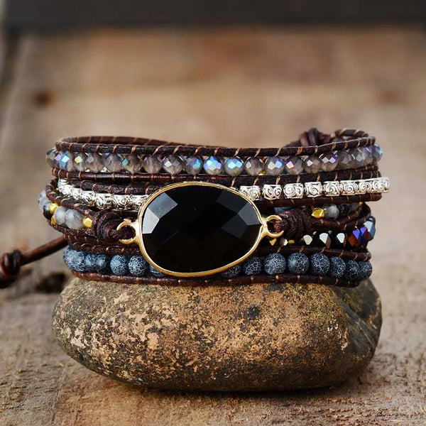 Native-Inspired Black Onyx Leather Bracelet