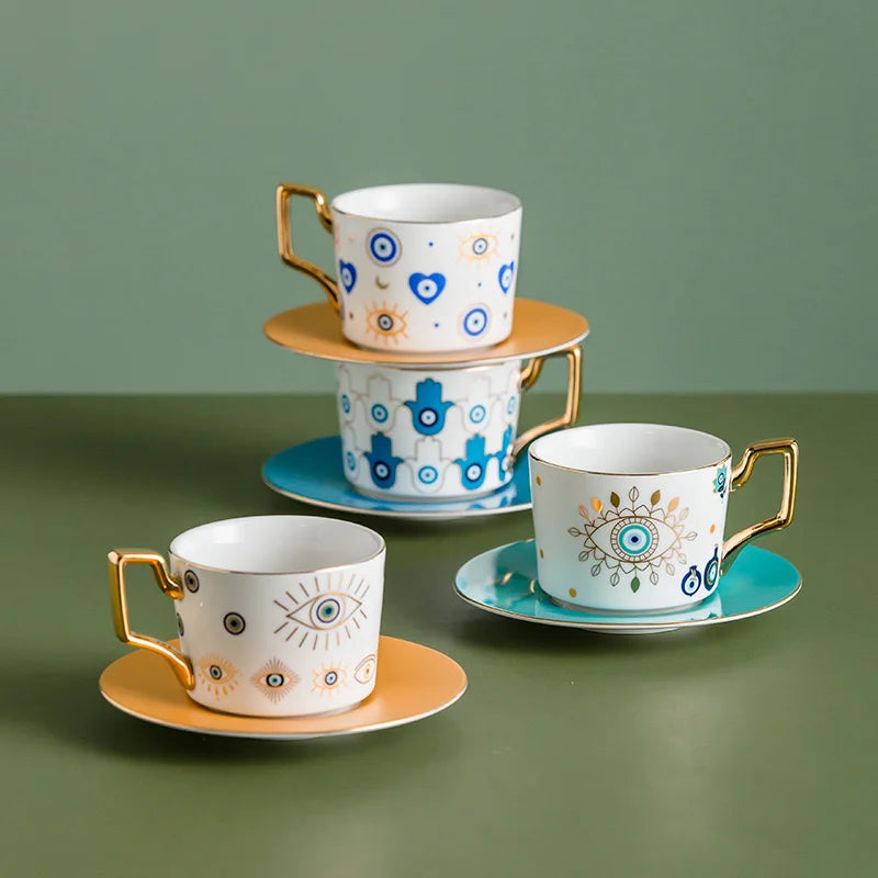 Blue Eyes Coffee Mug Set with Saucers