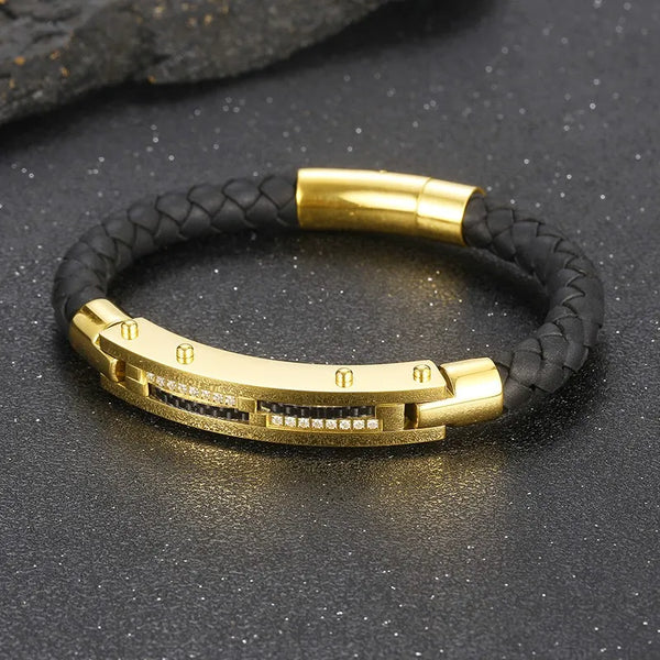 Stainless Steel Gold-Plated Leather Bracelet 