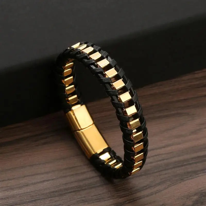 Men's Gold-Plated Leather Bracelet 
