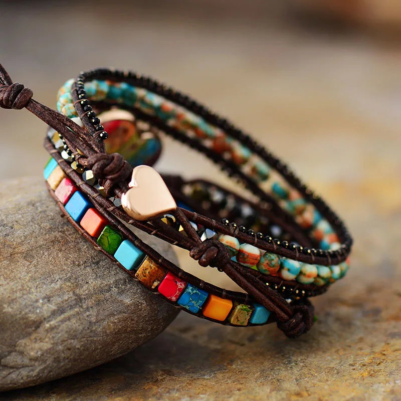 Black Heart Chakra Leather Wrap Bracelet