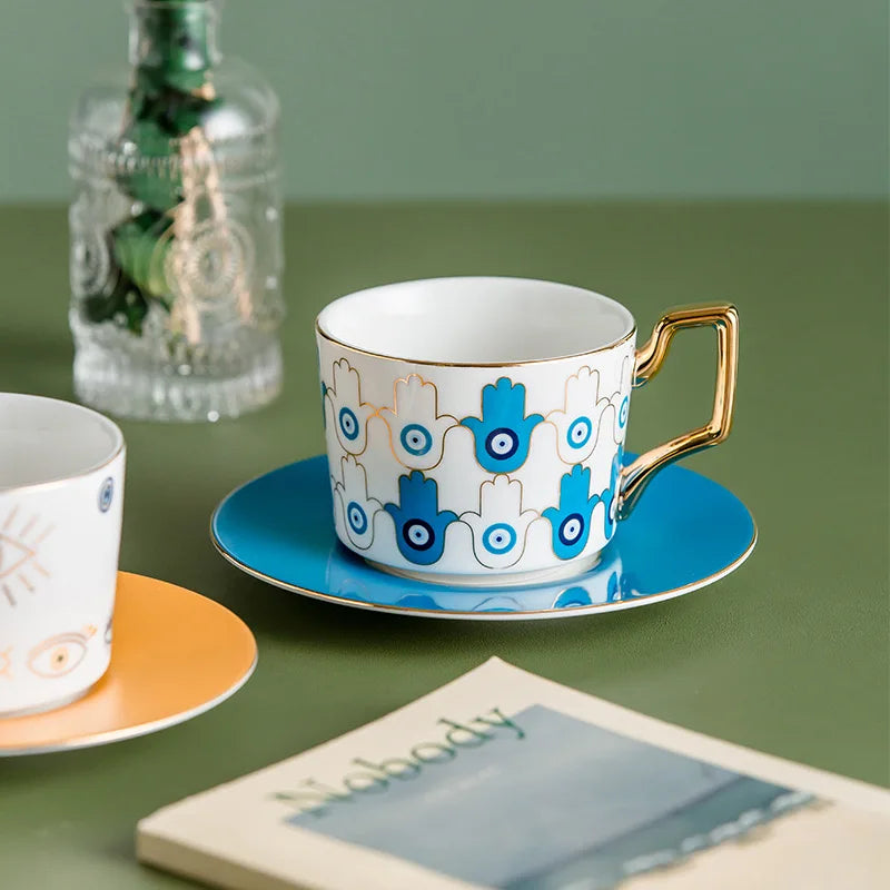 Blue Eyes Coffee Mug Set with Saucers