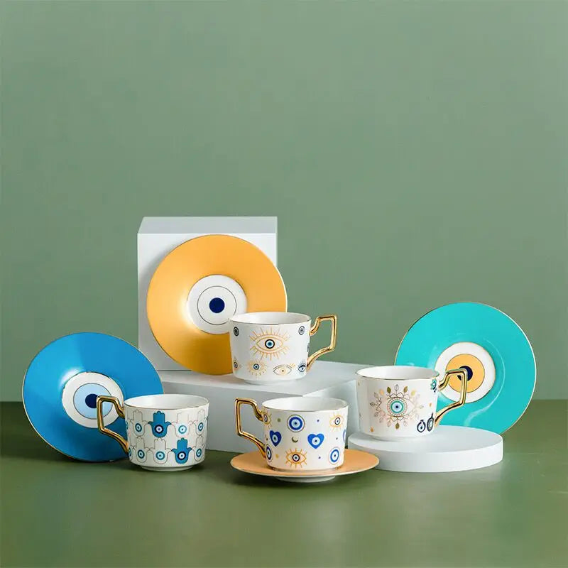 Blue Eyes Coffee Mug Set with Saucers