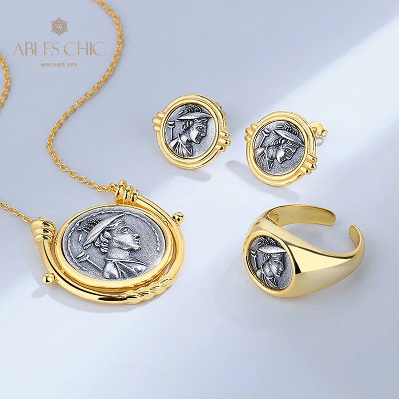 Greek Deity Silver Coin Pendant - 18K Gold 925 Silver Rotating