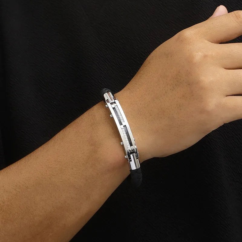 Stainless Steel Gold-Plated Leather Bracelet 