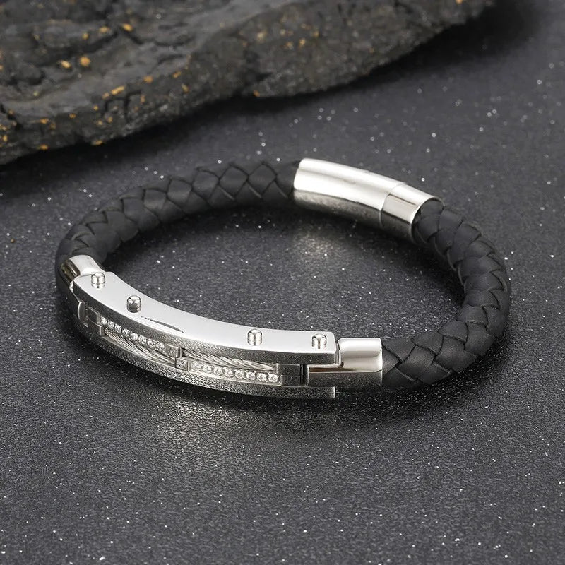 Stainless Steel Gold-Plated Leather Bracelet 