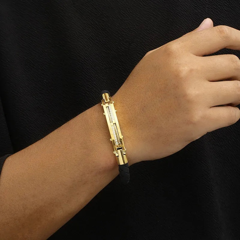 Stainless Steel Gold-Plated Leather Bracelet 
