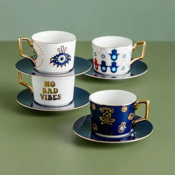 Blue Eyes Coffee Mug Set with Saucers