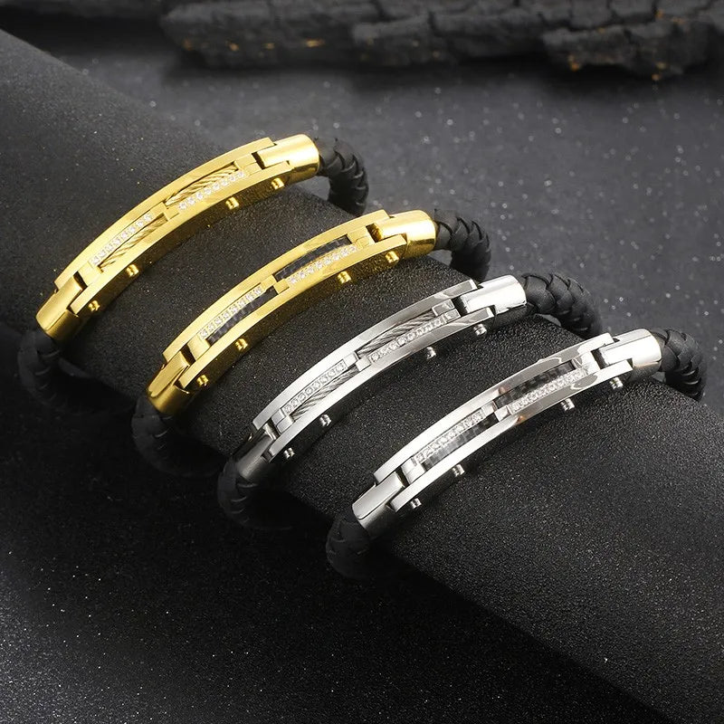 Stainless Steel Gold-Plated Leather Bracelet 