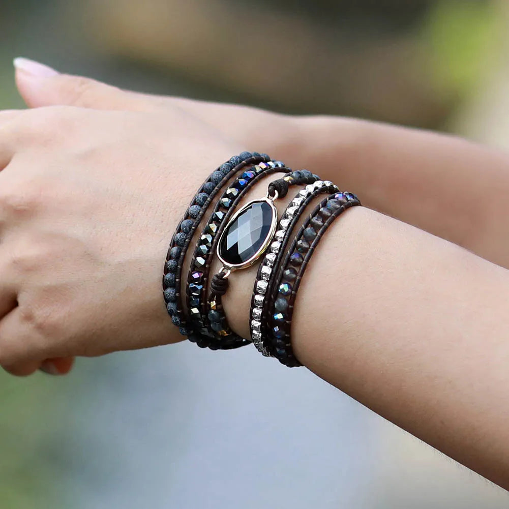 Native-Inspired Black Onyx Leather Bracelet