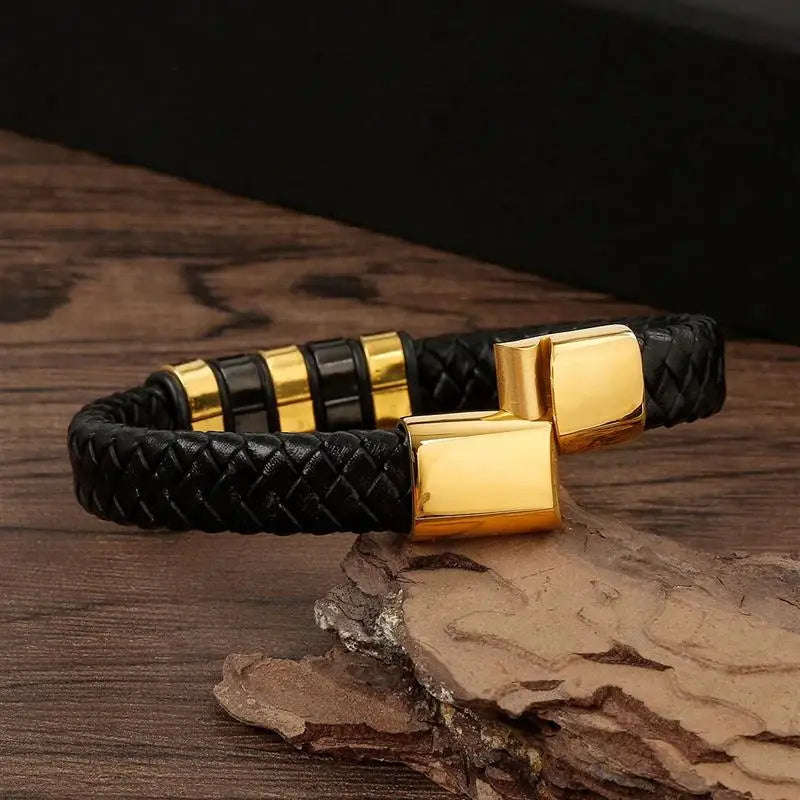 Men's Gold-Plated Leather Bracelet 