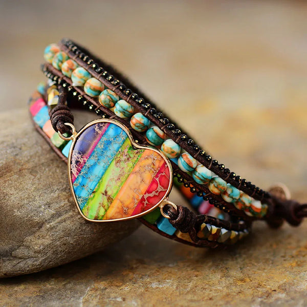 Black Heart Chakra Leather Wrap Bracelet