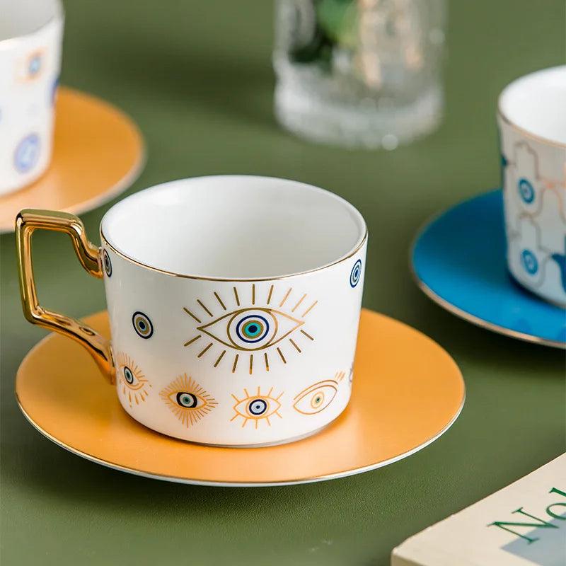 Blue Eyes Coffee Mug Set with Saucers