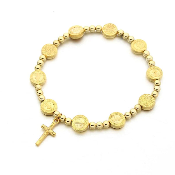 Golden Rosary Bead Bracelet with Cross Pendant