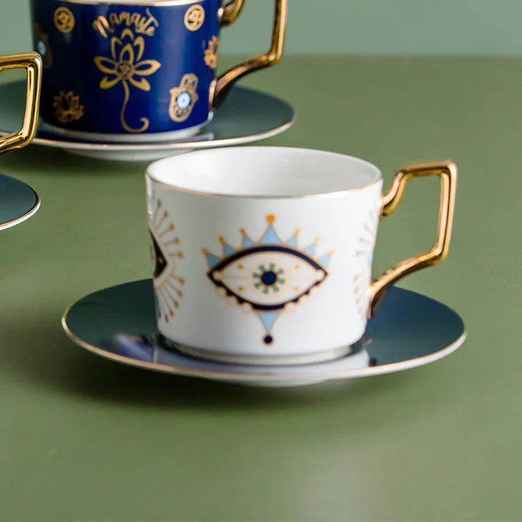 Blue Eyes Coffee Mug Set with Saucers