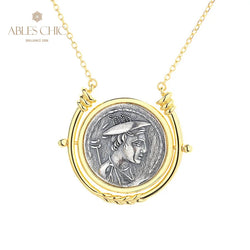 Greek Deity Silver Coin Pendant - 18K Gold 925 Silver Rotating